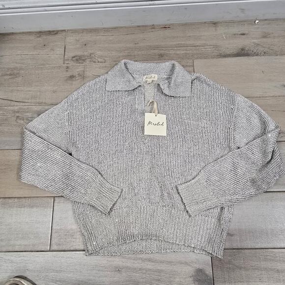 Marled Womens Light Gray Metallic Sweater Size L Shimmery Knit Collared Pullover - Picture 4 of 12